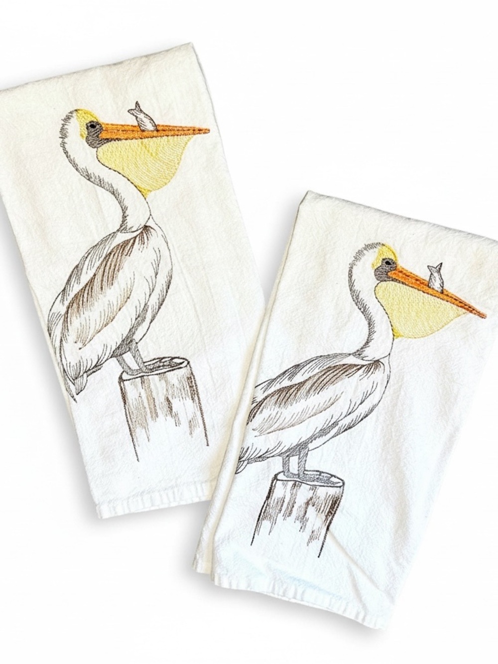 Two White Pelican Embroidered Coastal Kitchen Towels - Set of 2